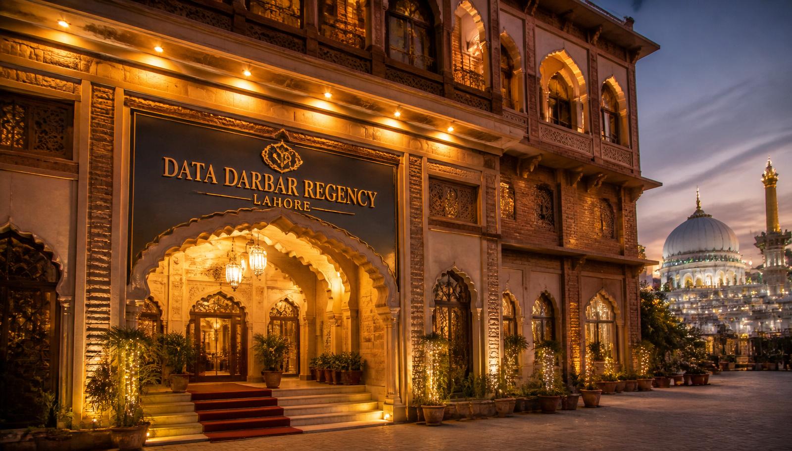 Al Rehman Hotel exterior at dusk